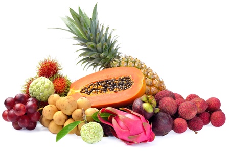 Assortment of exotic fruits isolated on white backgroundの写真素材