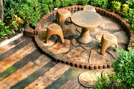 Stone table chair in the parkの写真素材