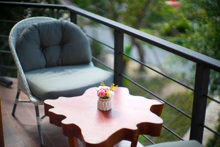 Elegant garden furniture on terrace of suburban homeの写真素材