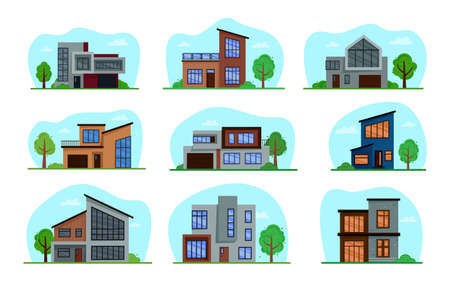 A collection of modern houses isolated against the sky, trees and lawn. Flat cartoon illustration.のイラスト素材