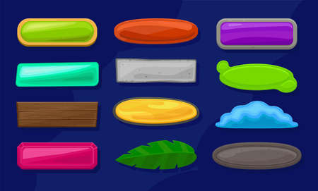 A set of cartoon long horizontal buttons of various shapes, textures and colors. Gui assets collection for game design. Vector elements for app.のイラスト素材