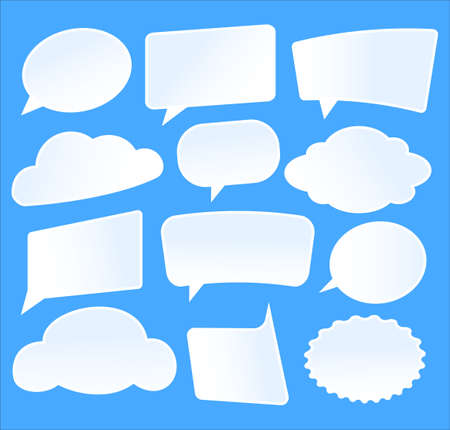 White empty speech bubbles of various shapes, a thinking balloon, a cloud sticker on a blue background. A collection of labels.のイラスト素材