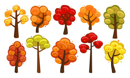 Various cartoon autumn trees collection. Isolated objects on a white background.のイラスト素材