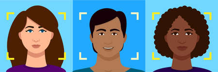 The concept of scanning and biometrics. Facial recognition. Verification and identification of persons.のイラスト素材