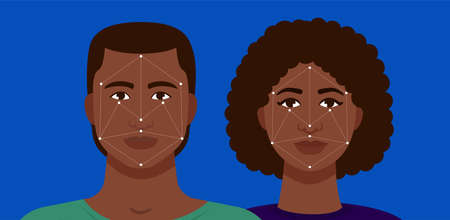 Facial recognition, biometric identification, personal verification, cyber protection. Scanning man...