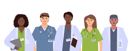 Healthcare workers group. Doctors, nurses, interns, therapists, emergency specialist.のイラスト素材
