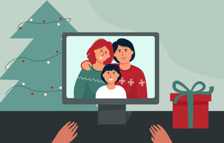 Video call Christmas. New year online with your family. Coronavirus conditions of celebration.のイラスト素材