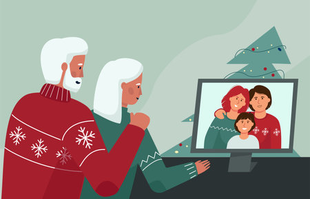 An elderly couple communicates with relatives through a video conference. Christmas and new year online. Quarantine conditions of the celebration.のイラスト素材