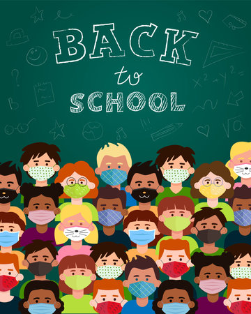 Return from distance learning to school. A crowd of various children in face masks on the background of a chalkboard.のイラスト素材
