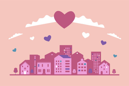 A stylized geometric city with hearts and clouds floating above it. A symbol of the celebration of Valentine's Day. Template of a postcard, poster, print, banner.のイラスト素材