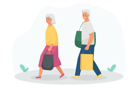 An elderly man and a woman go shopping. White-haired People hold purchases, bags in their hands.のイラスト素材