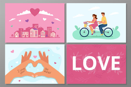 Set of illustrations for Valentine's Day. Romantic couple riding a bicycle, hands in a heart gesture, pink city, Love inscription.のイラスト素材
