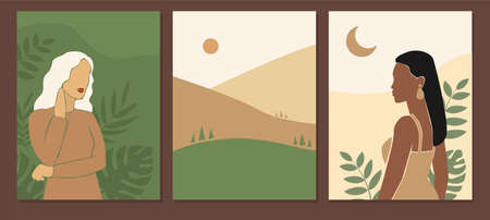Female art, trendy templates of postcards and posters with silhouettes of women. A concept for the...