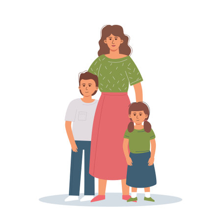 A single mother with her children are standing in an embrace. The concept of love and support in the family.のイラスト素材