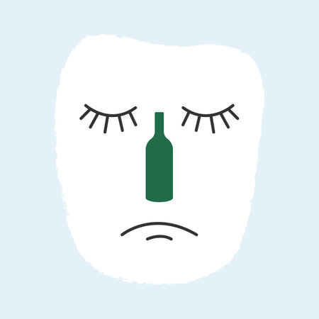 The symbol of alcoholism is a sad face with a bottle.のイラスト素材