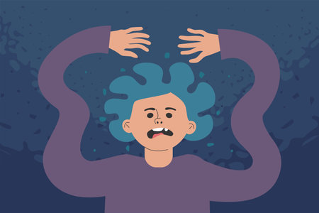 A sad character feels anxiety, fear, or a panic attack. Mental disorder, neurosis, and confusion in consciousness. Flat vector illustration.のイラスト素材