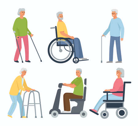 Collection of elderly disabled people. People in wheelchairs, women on walkers and crutches, a man with a cane.のイラスト素材