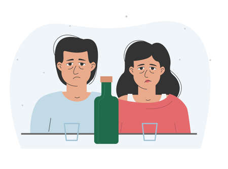 Depressive drunk married couple. A man and a woman with a bottle of alcohol. The concept of abuse and addiction.のイラスト素材