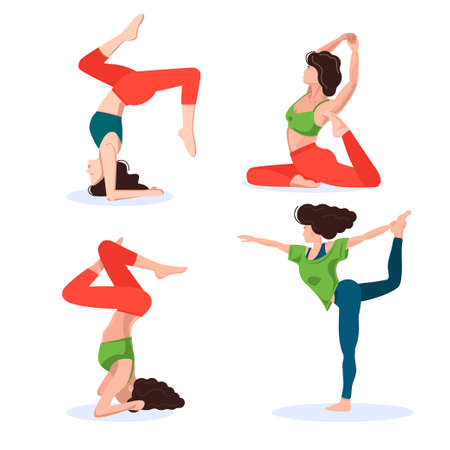 Set of yoga asanas. A young thin woman is being coached and stretched.のイラスト素材