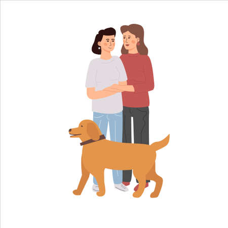 Lgbt couple with dog, two lesbians hugging.のイラスト素材