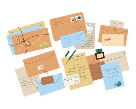 Different envelopes with letters, invitations Pen and ink.