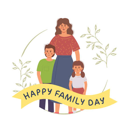 Happy family day. Cute single mother with children.のイラスト素材