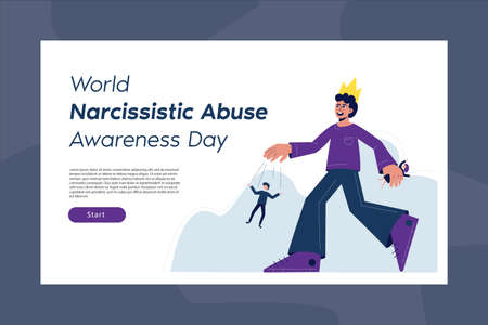 World Narcissistic Abuse Awareness Day. Landing page template with flat character. A man with a crown on his head is a symbol of an abuser and a manipulator.のイラスト素材