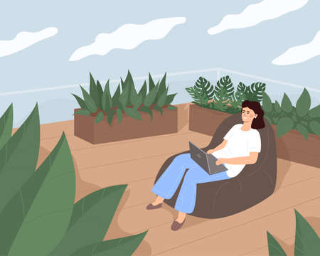 A young pretty woman is working or relaxing sitting in a cozy bag on the terrace, surrounded by greenery and plants in the rooftop garden.のイラスト素材