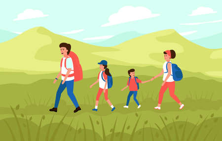 Family with kids hiking in the mountains. Vector illustration.のイラスト素材