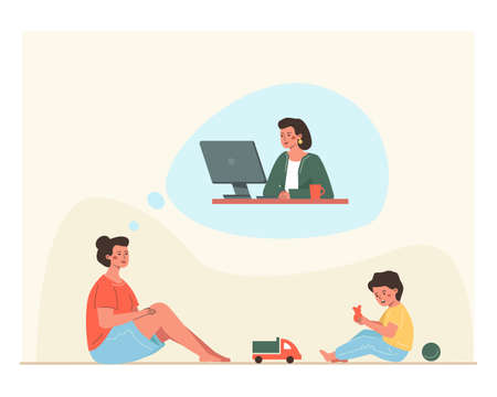 The mother, who is on maternity leave, dreams of returning to work. The concept of a contradictory choice between motherhood and career.のイラスト素材