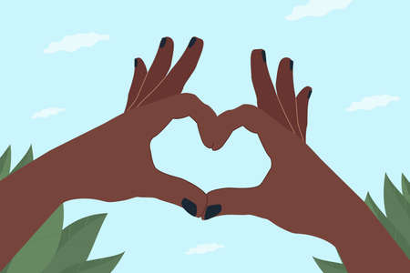 Dark-skinned hands making a heart, the concept of loving the world around you, accepting the joy of life.のイラスト素材