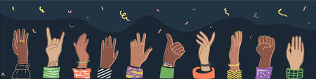 The raised hands of the multi-ethnic crowd, the symbol of the festival, the holiday.のイラスト素材