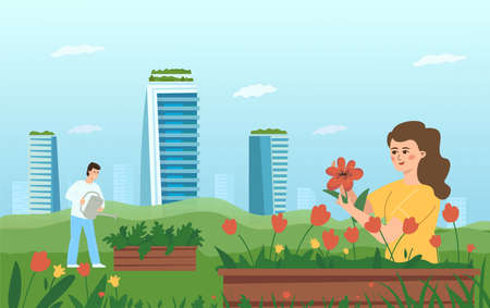 The concept of urban gardening. A woman and a man take care of flowers and plants on the background of skyscrapers.のイラスト素材