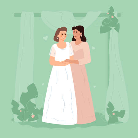 Two women in white dresses are standing embracing. LGBT wedding. Two lesbian wives.のイラスト素材