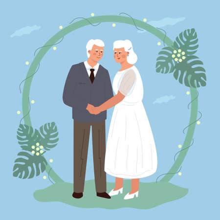 The wedding of an cute elderly couple. Elderly bride and groom holding hands. Trendy flat vector illustration.のイラスト素材