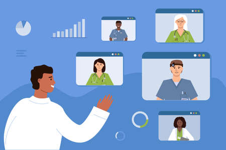 The doctor communicates with his colleagues online. Medical videoconference, consultation and training of healthcare employees.のイラスト素材
