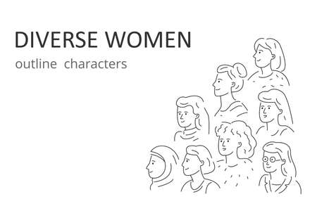 Various women, outline drawing characters for a website, an application. Vector illustration in a simple trending style.のイラスト素材