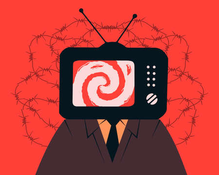 A character in a suit who has a TV instead of a head, a metaphor for lying propaganda, a symbol of fake news.のイラスト素材