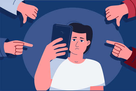 A man holds a phone in his hands, condemning, shaming gestures around him, a symbol of Internet...