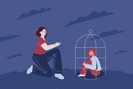 A sad teenage girl is sitting in a cage, next to her a woman holds out her hand. The concept of psychological assistance to adolescents with depression, grief, anxiety.のイラスト素材