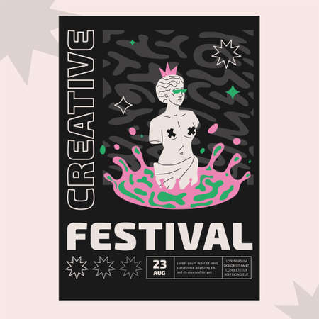 A creative poster with a stylized antique statue surrounded by multicolored spots and splashes.のイラスト素材