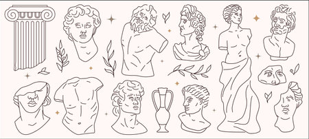 Antique hand-drawn sculptures. Traditional greek style figures, bust and statues, column. Architectural elements, gods and mythology, ancient graphic design elements.のイラスト素材