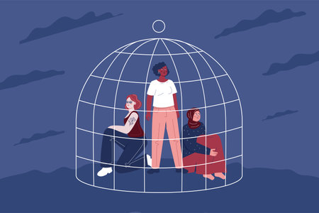 Multiethnic women locked in cages, a symbol of discrimination and restriction of women's rights