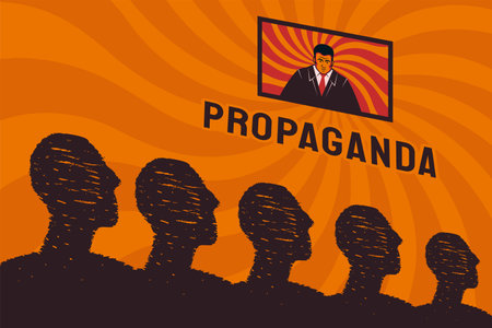 A stylized crowd of people looks at the TV screen, a symbol of propaganda in a totalitarian state....