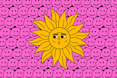 Acid sun on the background of bright smiling emojis. positive hippie print.のイラスト素材