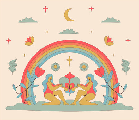 Mystical illustration with women, flowers, rainbow and crescent moon in groovy style.のイラスト素材