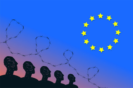 A silhouette of people with barbed wire over them and a sign of EU. A metaphor of visa restrictions for Russians to enter the European Union.のイラスト素材