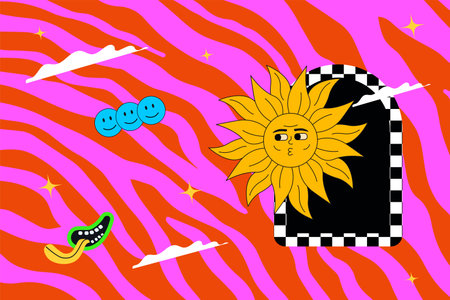 Groovy and hippie abstract illustration, cheerful sun on the background of acid zebra. Psychedelic...