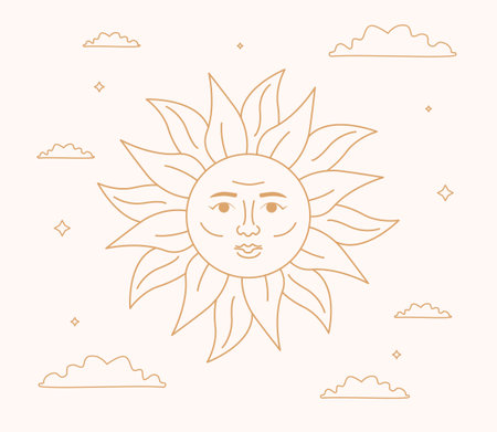 A mystical outlined sun with face. Golden celestial artwork, graphic insignia.のイラスト素材