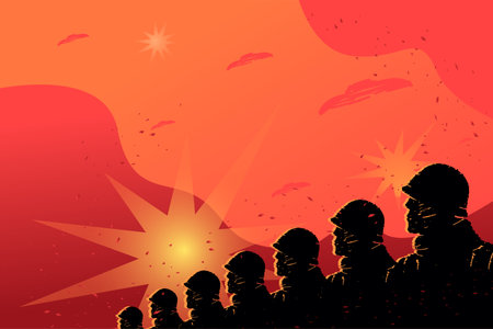 Black silhouettes of a line of soldiers against a background of red sky and explosions, the concept of militarization and mobilization in a war zone.のイラスト素材